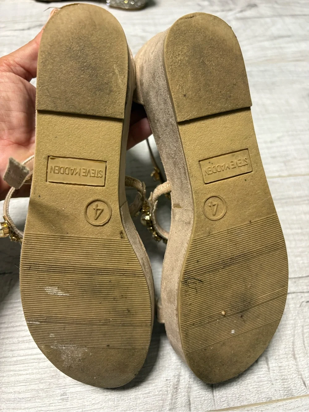 Steve Madden Embellished T-Strap Nude Sandals with Pearl & Crystal Accents